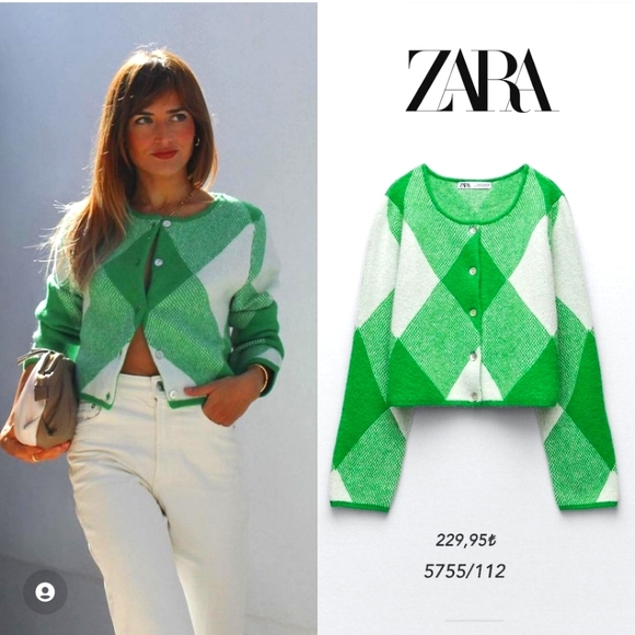 🔥 Zara Argyle Jacquard Knit Cardigan Bloggers Favorite Size M - Picture 3 of 14